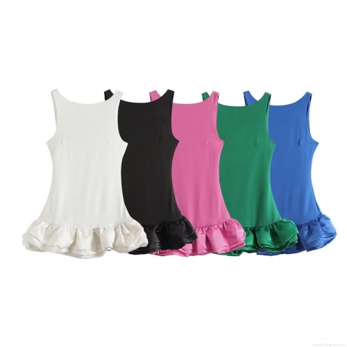 Women's Sexy Backless Sleeveless Ruffle Hem Mini Dress Polyester Solid Color Cami A-Line Party Dress Summer Beach Wear Fashion Outfits