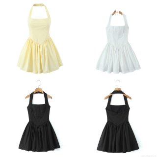 Sexy Halter Neck Backless Mini Dress For Women Summer Fashion Solid Color Sleeveless A-Line Puffy Party Dress Lightweight Cotton Blend Casual Sundress