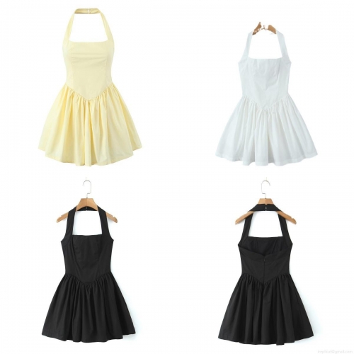 Sexy Halter Neck Backless Mini Dress For Women Summer Fashion Solid Color Sleeveless A-Line Puffy Party Dress Lightweight Cotton Blend Casual Sundress