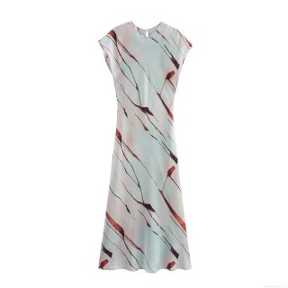 Women's Elegant Satin Abstract Stripe Print Maxi Dress Sleeveless Round Neck A-Line Long Dress For Summer Vacation Streetwear Party
