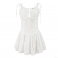 Women's White Cotton Lace Embroidery Camisole Mini Dress Slim Waist Cutout Drawstring Ruffle Sexy Summer Sundress Party Streetwear