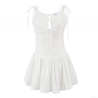Women's White Cotton Lace Embroidery Camisole Mini Dress Slim Waist Cutout Drawstring Ruffle Sexy Summer Sundress Party Streetwear