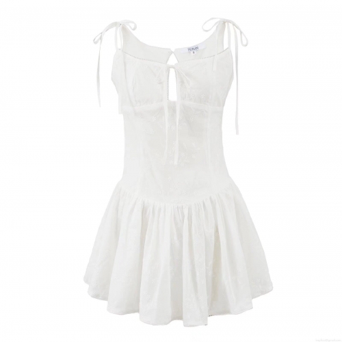 Women's White Cotton Lace Embroidery Camisole Mini Dress Slim Waist Cutout Drawstring Ruffle Sexy Summer Sundress Party Streetwear