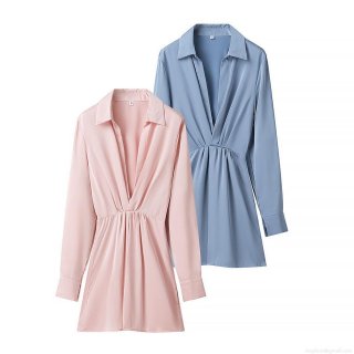 Women's Sexy Deep V-Neck Satin Mini Dress Chic Long Sleeve Pleated Ruched Slim Waist Solid Color Party Clubwear Fashion Streetwear Casual Spring Dress For Women