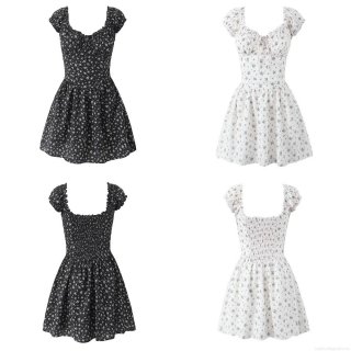 French Cottagecore Floral Print Mini Dress Women Summer Puff Sleeve V-Neck Smocked Waist A-Line Sexy Strappy Backless Streetwear Short Dress
