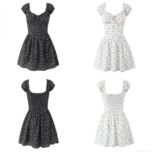 French Cottagecore Floral Print Mini Dress Women Summer Puff Sleeve V-Neck Smocked Waist A-Line Sexy Strappy Backless Streetwear Short Dress