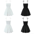 Women Fashion Bow Decoration Puff Strappy Mini Dress Smocked Bodice Sleeveless Cotton Polyester Blend Ruffle Hem Short Dress For Party Streetwear Casual Wear