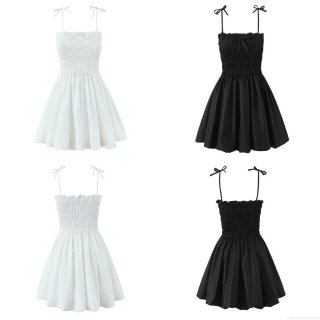 Women Fashion Bow Decoration Puff Strappy Mini Dress Smocked Bodice Sleeveless Cotton Polyester Blend Ruffle Hem Short Dress For Party Streetwear Casual Wear