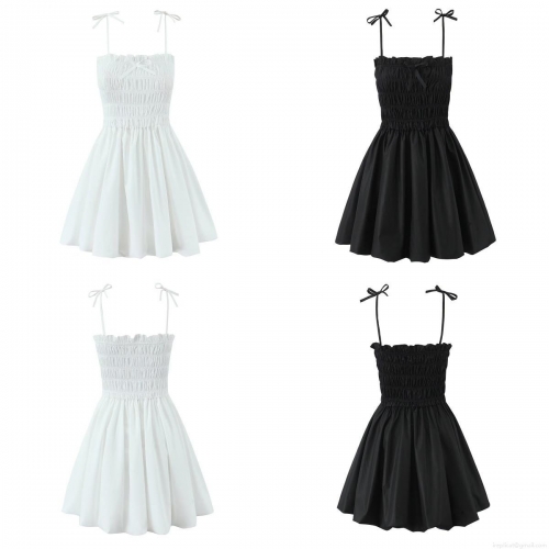 Women Fashion Bow Decoration Puff Strappy Mini Dress Smocked Bodice Sleeveless Cotton Polyester Blend Ruffle Hem Short Dress For Party Streetwear Casual Wear