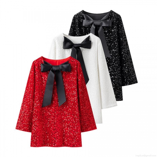 Women Sequin Bow Mini Dress Long Sleeve Round Neck A-Line Sparkly Party Dress Elegant Evening Streetwear Cocktail Dress For Women