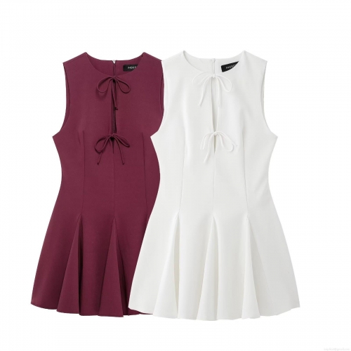 Women's Sleeveless A-Line Mini Dress With Bow Ties Cutout Pleated Hem Polyester Dress For Street Style Party Dating Ladies Summer Mini Dress