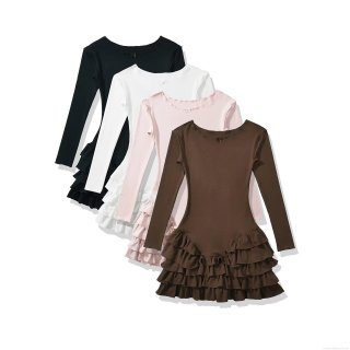 Women's Long Sleeve Mini Dress Ruffle Hem Tiered Knit Bodycon Dress Solid Color Round Neck Sweet Streetwear Dress for Spring Fall