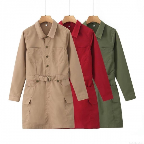 Women's Fashion Long Sleeve Cargo Mini Dress With Belt Utility Pockets Lapel Button Down Shirtdress Casual Streetwear Work Dress For Ladies