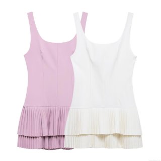 Elegant Women's Sleeveless Square Neck Pleated A-Line Mini Dress Solid Color Double Layer Hem Commuter Summer Short Dress For Ladies Polyester