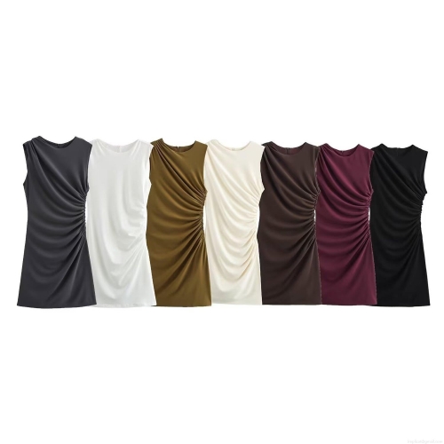 Women Sleeveless Ruched Mini Dress Polyester Mesh Side Drawstring Slim Fit Back Zipper Summer Party Streetwear Bodycon Sheath Dress