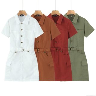 Women's Summer Utilitarian Shirt Dress With Belt Lapel Collar Short Sleeve Button Down Mini Dress Multi Pockets Casual Street Style Solid Color Fashion Dress
