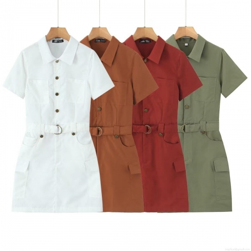 Women's Summer Utilitarian Shirt Dress With Belt Lapel Collar Short Sleeve Button Down Mini Dress Multi Pockets Casual Street Style Solid Color Fashion Dress
