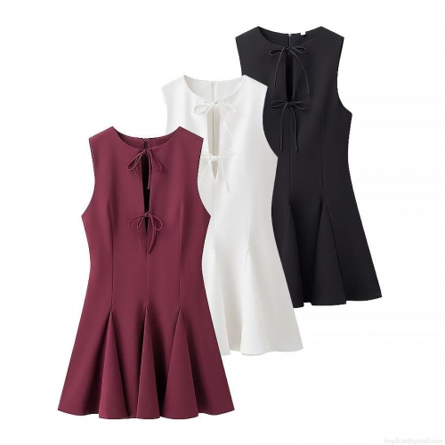 Women's Sleeveless Cutout Bow Tie-up Mini Dress High Waist Pleated A-Line Elegant Polyester Streetwear Party Dress for Ladies