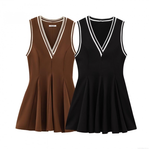 Women's Preppy Style Sleeveless V-Neck Mini Dress Triacetate Fiber Blend Striped Trim Pleated Skirt Casual Summer Fashion Pullover Chic Outfit