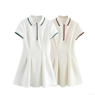 Women's Short Sleeve Polo Dress Contrast Trim Pleated A-Line Mini Dress Casual Sporty Preppy Style Tennis Dress Polyester Knit Short Dress for Women