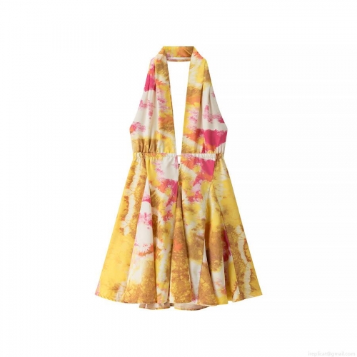 Women's Fashion Sleeveless Halter Neck Tie-Dye Mini Dress Sexy V-Neck A-Line Polyester Short Sundress For Summer Resort Vacation
