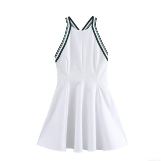 Women's Halter Neck Mini A-Line Dress Contrast Ribbed Trim Sleeveless Backless Summer Casual Preppy Style Short Sundress For Women