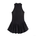 Women Black Sleeveless High Neck Denim Textured Balloon Mini Dress With Back Zipper Sexy Bubble Hem Patchwork Short Dress Streetwear Party Outfits