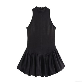 Women Black Sleeveless High Neck Denim Textured Balloon Mini Dress With Back Zipper Sexy Bubble Hem Patchwork Short Dress Streetwear Party Outfits