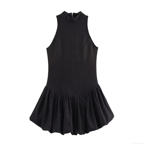 Women Black Sleeveless High Neck Denim Textured Balloon Mini Dress With Back Zipper Sexy Bubble Hem Patchwork Short Dress Streetwear Party Outfits