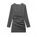 Women's Sexy Long Sleeve Mini Bodycon Dress Solid Color Hollow Out Waist With Buckle Detail Pleated Streetwear Fashion Slim Fit Grey Dress