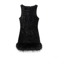 Women's Elegant Sequin Feather Mini Dress Sleeveless Round Neck Sexy Back Zipper Bodycon Party Dress Polyester Sequin Ostrich Feather Cocktail Nightclub Evening Dress