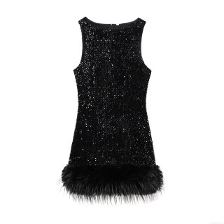 Women's Elegant Sequin Feather Mini Dress Sleeveless Round Neck Sexy Back Zipper Bodycon Party Dress Polyester Sequin Ostrich Feather Cocktail Nightclub Evening Dress