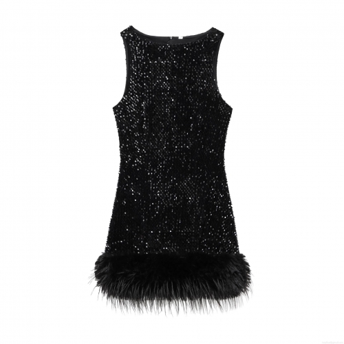 Women's Elegant Sequin Feather Mini Dress Sleeveless Round Neck Sexy Back Zipper Bodycon Party Dress Polyester Sequin Ostrich Feather Cocktail Nightclub Evening Dress
