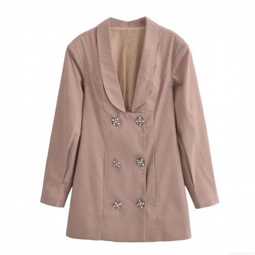 Women's Elegant Double Breasted Blazer Dress Rhinestone Flower Button Long Sleeve Turn-down Collar Solid Color Mini Dress Office Lady Streetwear Autumn Spring Fashion Outfit