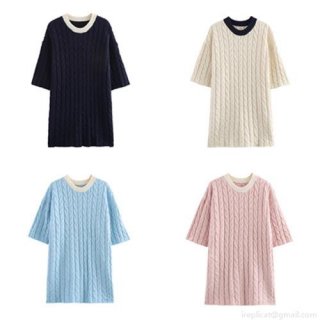 Women Summer Cable Knit Mini Dress Contrast Round Neck Short Sleeve Polyester A-Line Casual Dress Streetwear Fashion Simple Solid Color Knitwear