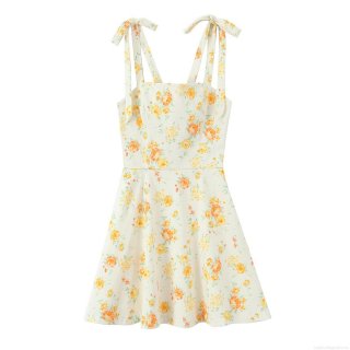 Women's Summer Floral Print Poplin Mini Dress Bow Tie Shoulder Strap Sleeveless A-Line Back Zipper Camisole Dress for Vacation Party