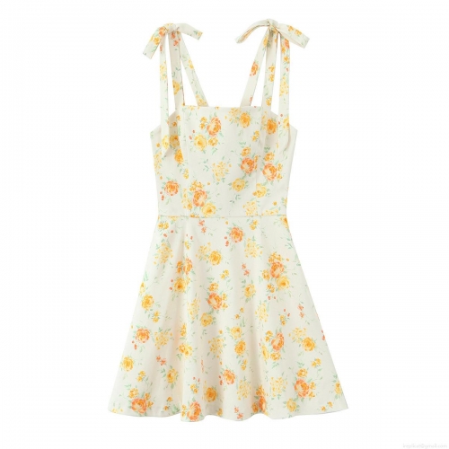 Women's Summer Floral Print Poplin Mini Dress Bow Tie Shoulder Strap Sleeveless A-Line Back Zipper Camisole Dress for Vacation Party