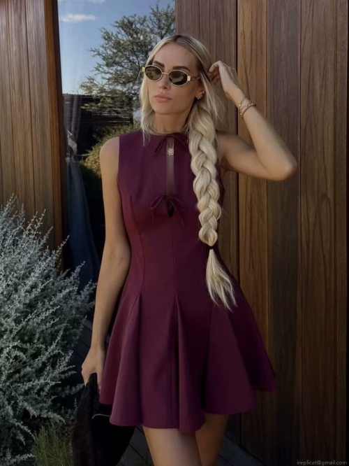 Women Sleeveless Mini Dress 100% Polyester Bow Tie Cut-Out Pleated A-Line Summer Elegant Party Vacation Western Style Fashion Short Dress