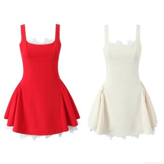 Women Summer Square Neck Backless A-Line Mini Dress Polyester Spandex Lace Trim Spaghetti Strap Bow Detail Slim Waist Dress For Party Vacation Ladies