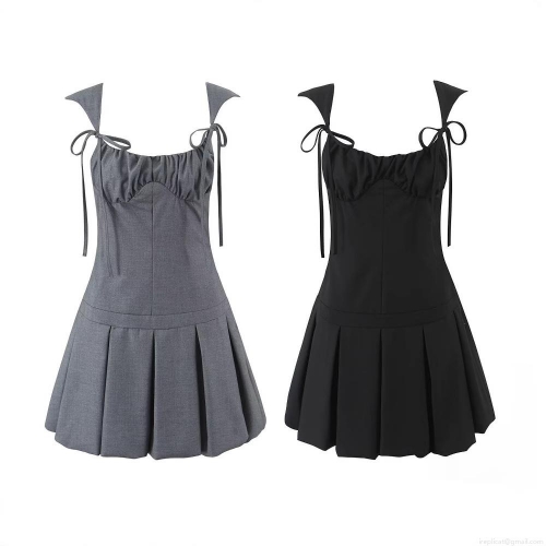 80% Polyester 20% Rayon Women's Spaghetti Strap Mini Dress Bow Tie Square Neck Pleated Short Dress Summer Slim Fit Clubwear Party Dresses