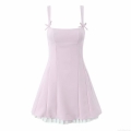 Women's Sexy Slim Fit Polyester Cami Dress Summer Sweet Bow Knot Mini A-Line Dress With Contrast Pleated Hem Street Style Pullover Sleeveless Dress For Party Dating Daily