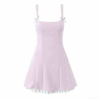 Women's Sexy Slim Fit Polyester Cami Dress Summer Sweet Bow Knot Mini A-Line Dress With Contrast Pleated Hem Street Style Pullover Sleeveless Dress For Party Dating Daily