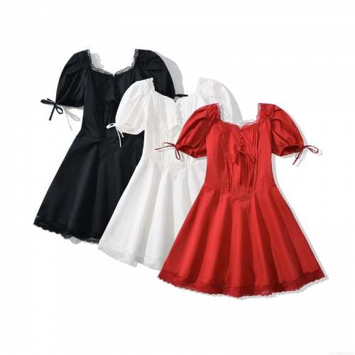 Women Summer Square Neck Puff Sleeve Lace Patchwork Mini Dress Retro French Style Solid Color Short Sleeve Lacing Pullover Dress For Party Dating