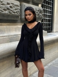 Women's Sexy V-Neck Ruffle Long Flared Sleeve Mini Dress Elegant Solid Black Slim Fit Party Date Night Short Dress With Choker