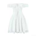 Women's Off-Shoulder Lace Trim Mini Dress Sweet Butterfly Bowknot Sleeveless A-Line Dress French Style Summer Party Clubwear