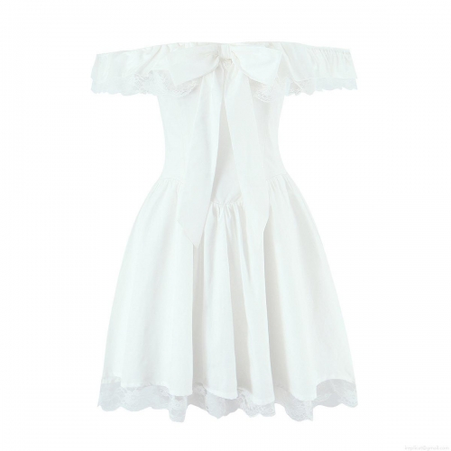 Women's Off-Shoulder Lace Trim Mini Dress Sweet Butterfly Bowknot Sleeveless A-Line Dress French Style Summer Party Clubwear