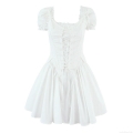 French Vintage White Puff Sleeve Mini Dress and Lace-up Corset Camisole Top Cotton Polyester Blend Lace Trim Bodycon Outfits for Women
