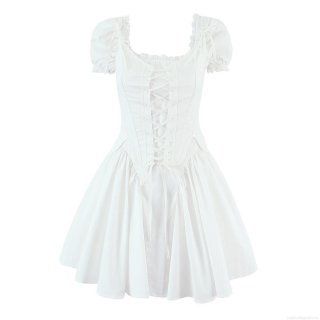French Vintage White Puff Sleeve Mini Dress and Lace-up Corset Camisole Top Cotton Polyester Blend Lace Trim Bodycon Outfits for Women