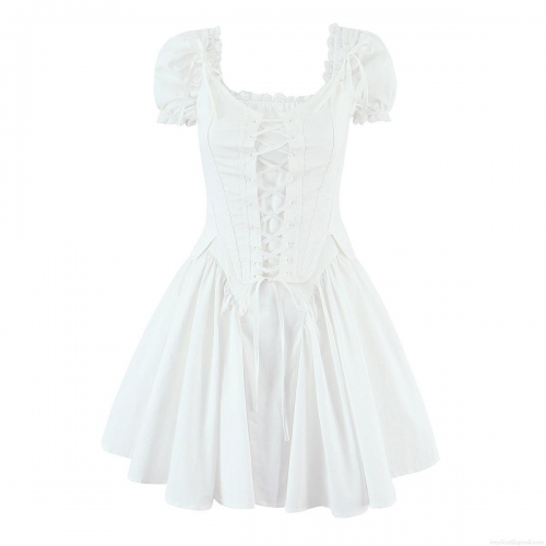 French Vintage White Puff Sleeve Mini Dress and Lace-up Corset Camisole Top Cotton Polyester Blend Lace Trim Bodycon Outfits for Women