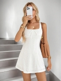 Women's Elegant White Eyelet Embroidery Mini Dress Square Neck Bow Tie Sleeveless A-Line Summer Dress French Pastoral Style Sexy Slim Fit Casual Dress